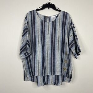 FOIL 100% Linen Blue Gray Navy Stripes Tunic Top Women's Sz 14 Short Sleeve Boho